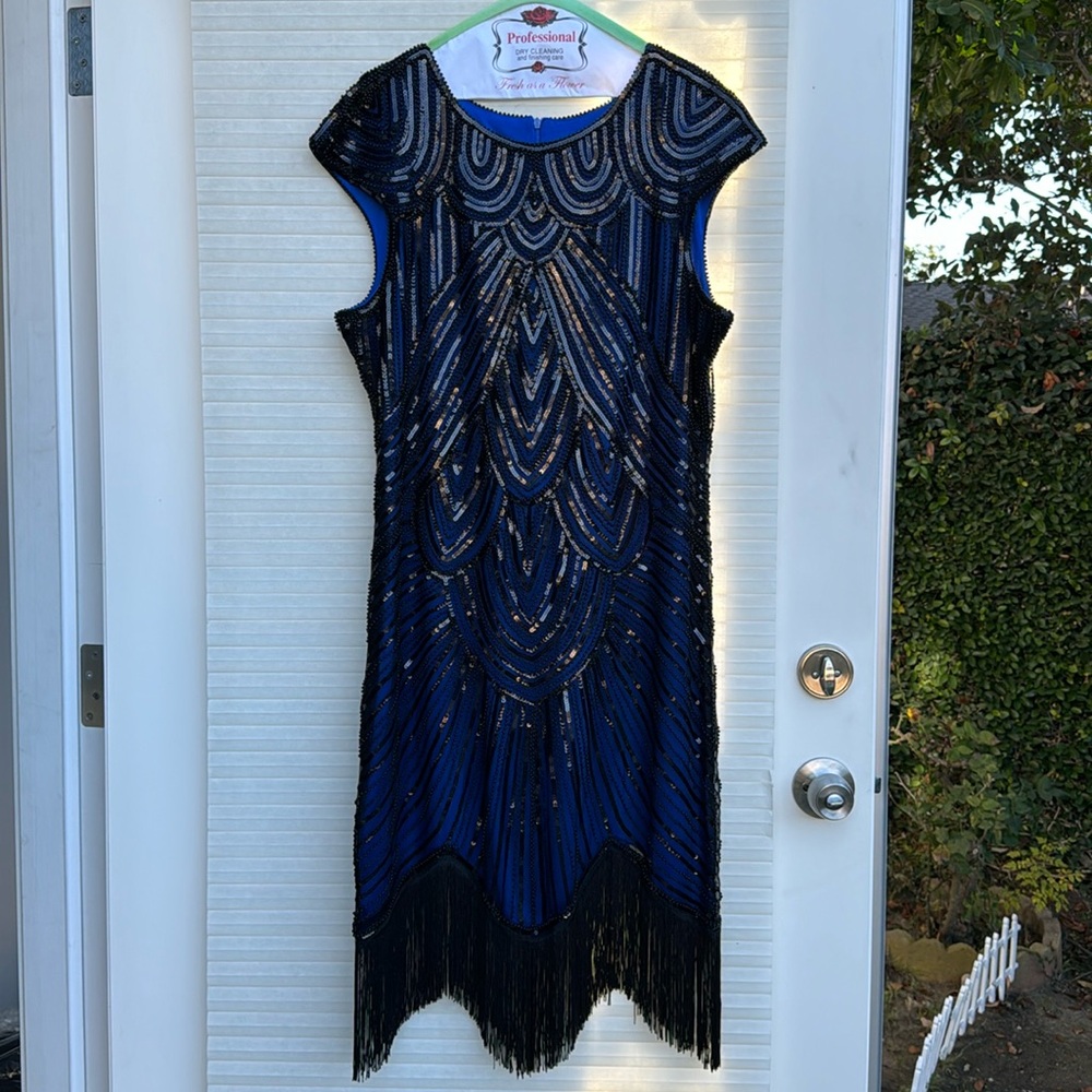 EUC Great Gatsby Style Dress. Royal Blue with Black beads and fringe. Size XXL